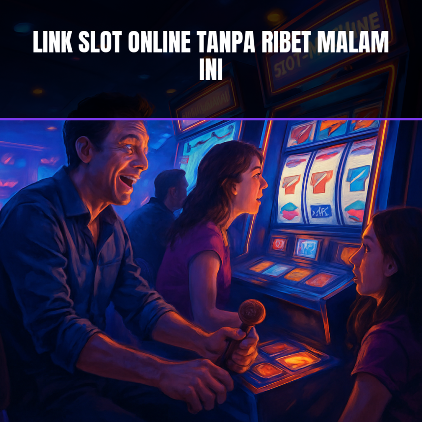 Antrean mesin slot berwarna-warni malam hari.